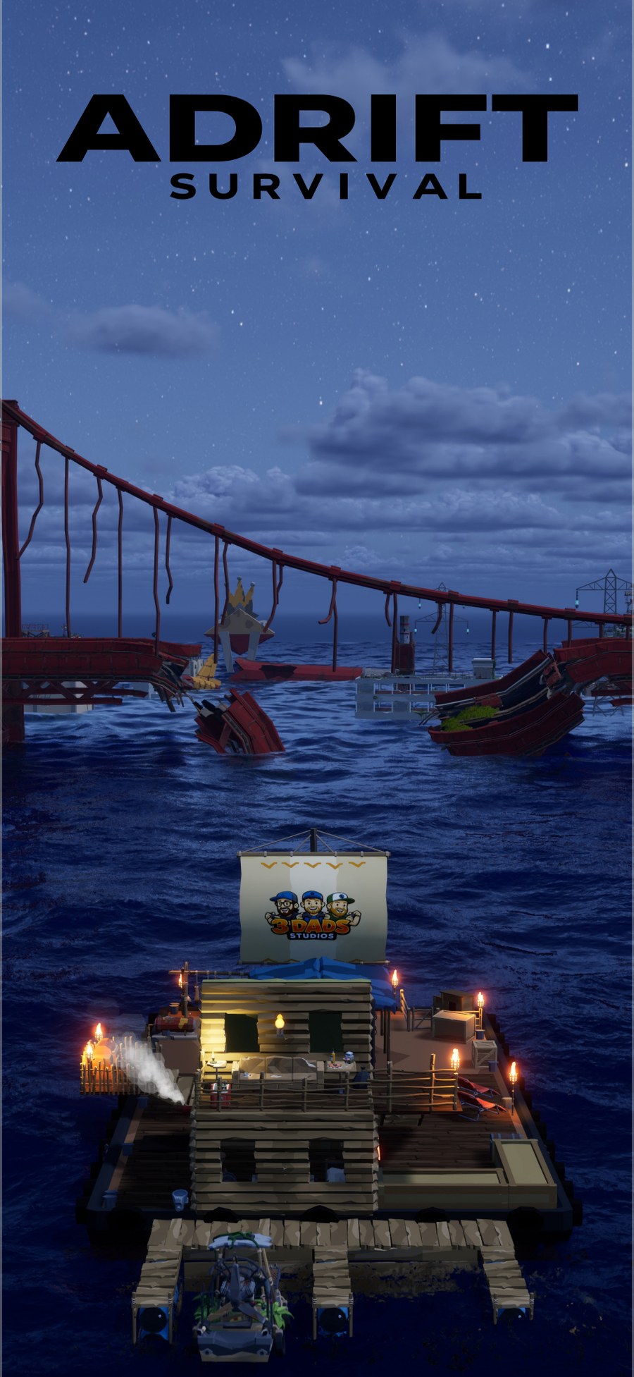 ADRIFT: Survival key art — a small raft flying the 3Dads Studios flag drifts past a sunken, broken bridge under a starlit night sky